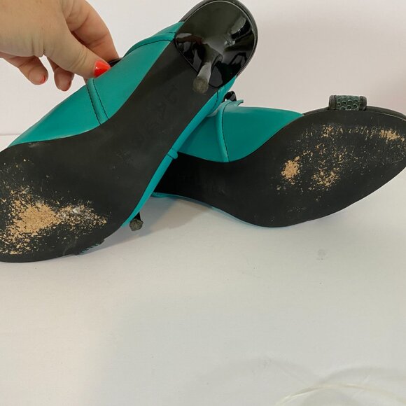L.A.M.B. Bambi Pumps Teal Black Leather Heels 6.5 Ankle Strap - Picture 11 of 11